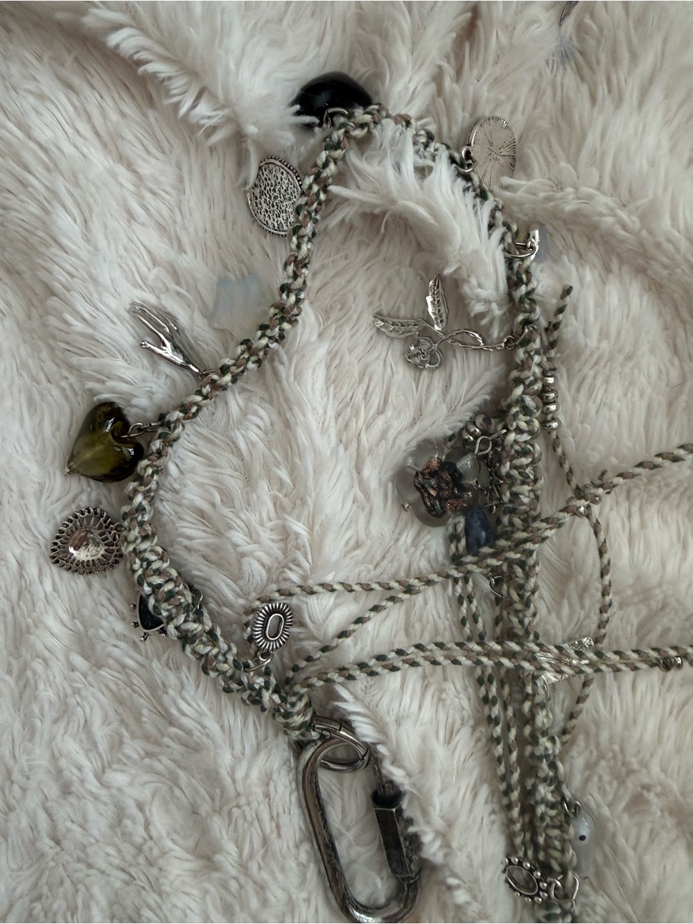 Free People Silver-Tone Braided Charm Bracelet with Green Glass Accent